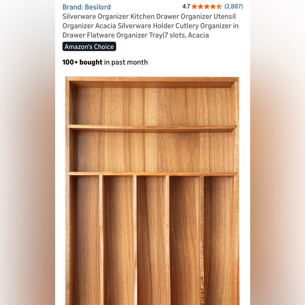 NIB Acacia Wood Flatware Drawer Organizer, Utensil Holder, 7 Cutlery Slots